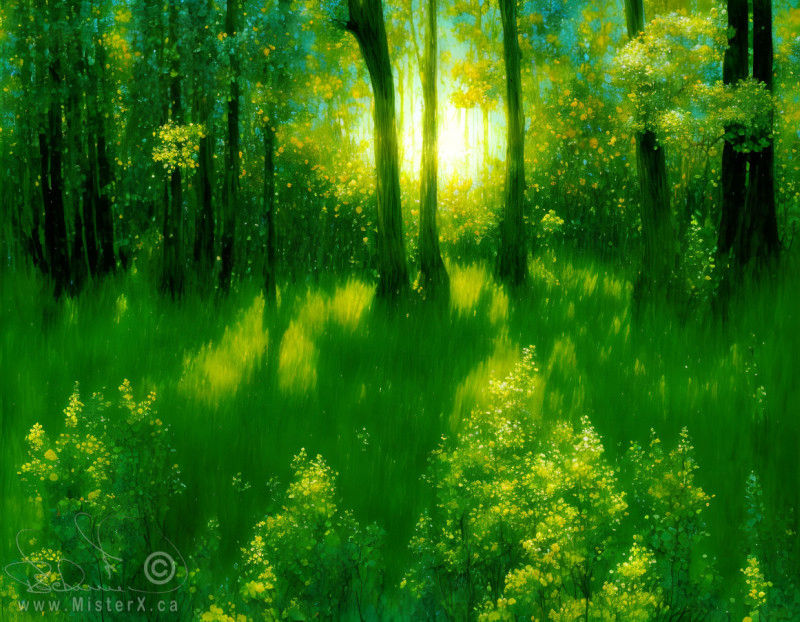 Green textured painting of a forest scene with sunlight shining through the trees onto the ground in the forefront.