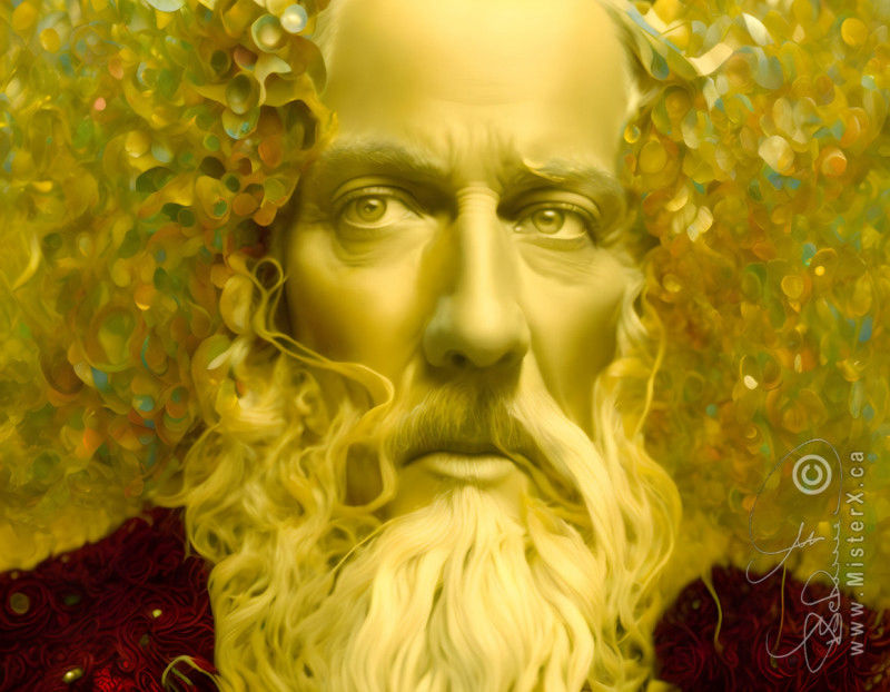 An older bearded man looking slightly bewildered against a 3-D background of shapes. Reds and yellows dominate the picture.