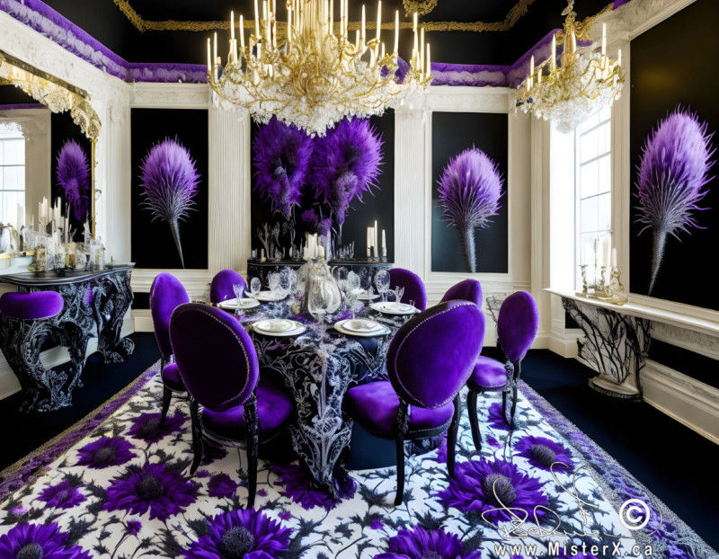 A purple, black, and white dining room with thistle themed wall art and carpet.
