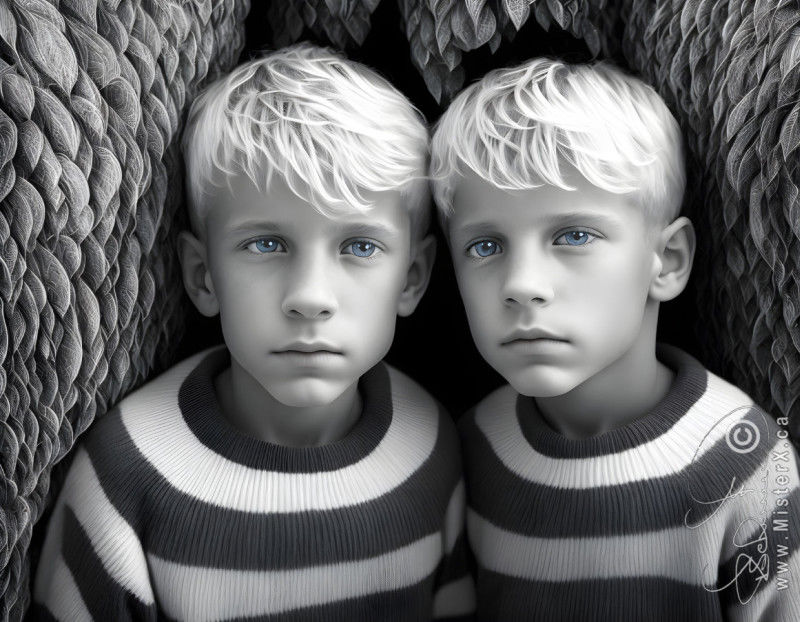 Near identical boys with white-blond hair and in striped sweaters are seen huddling together in a corner. The entire image is black and white, except for their blue eyes.