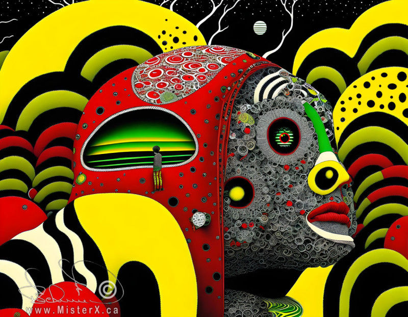 An abstract image of a face amongst red, yellow, green, and black shapes under a starry sky.