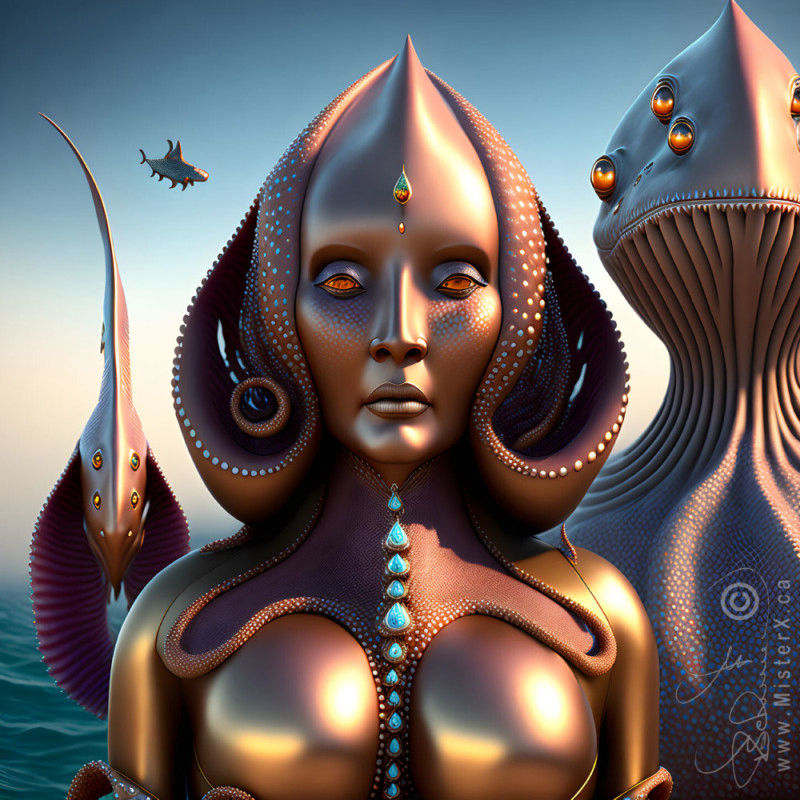 A humanoid woman figure with shiny metallic skin is seen in the center of 2 other strange beings.