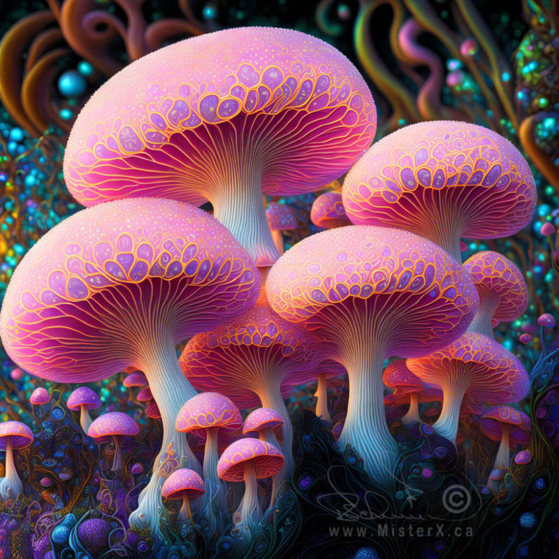 A group of psychedelic pink mushrooms set against a colorful morphing background.