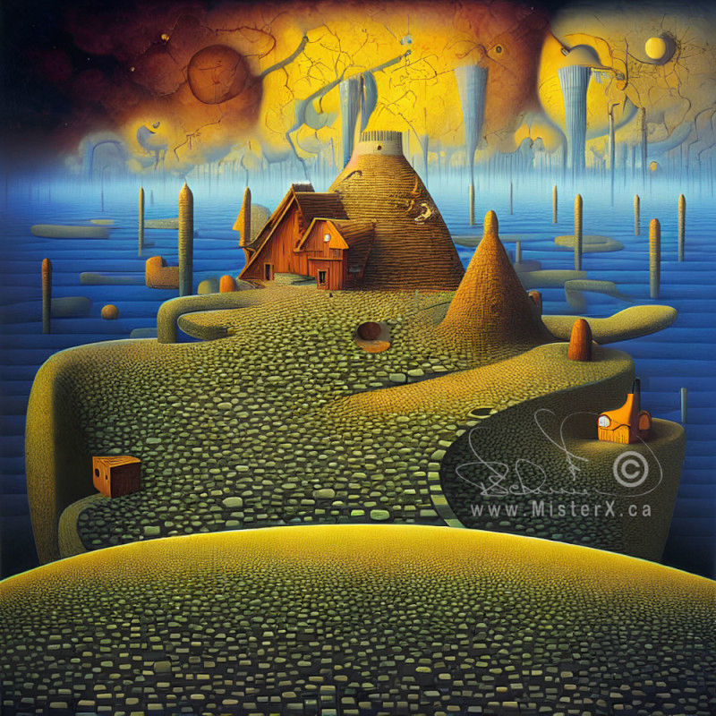 Stone paths lead up to odd shaped buildings. Behind them there is a lake with many poles emerging and an abstract sky filled with gold and orange shapes.