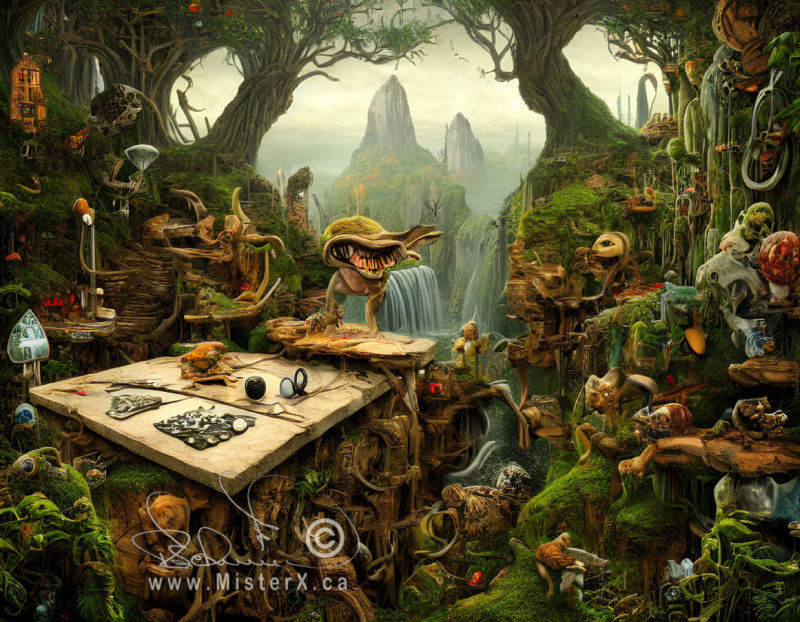 A table displays strange items in a nature setting with trees and mountains. Unrecognizable items and beings scattered about.