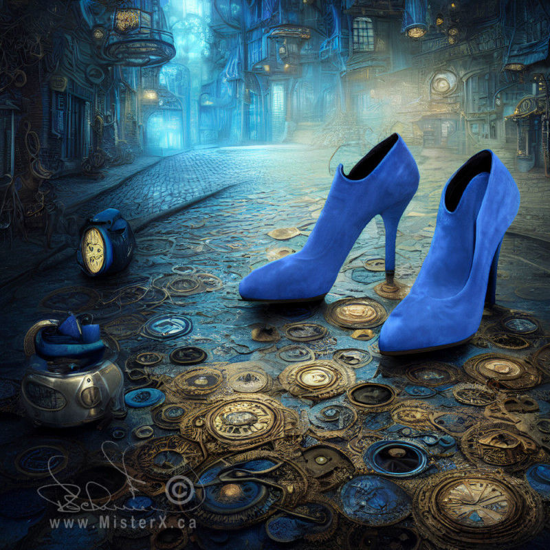 Blue seude stilettos are the focus of this picture. They sit on a pavement made of gold and blue shapes and a town setting in the background.