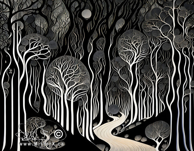 Dark black and white stylized forest scene with a path zig-zagging into it.