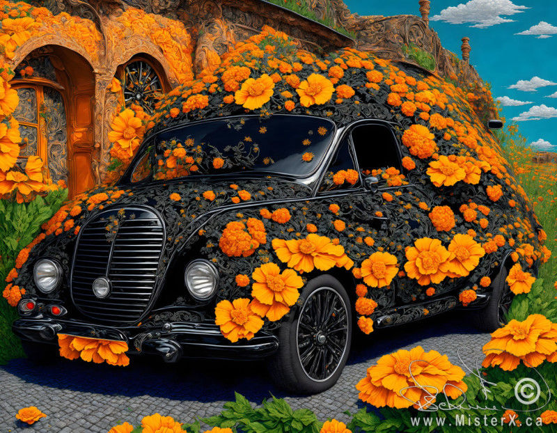 An old black automobile is seen covered in marigold flowers.