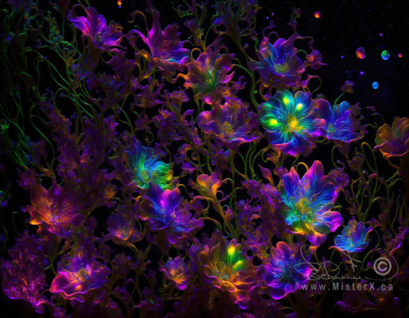 Glowing multicolored biomorphic flowers as imagined under ultraviolet light.