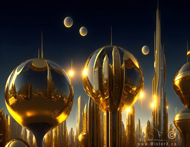 Shiny futuristic golden skyscrapers are seen sparkling under a sky with several moons.