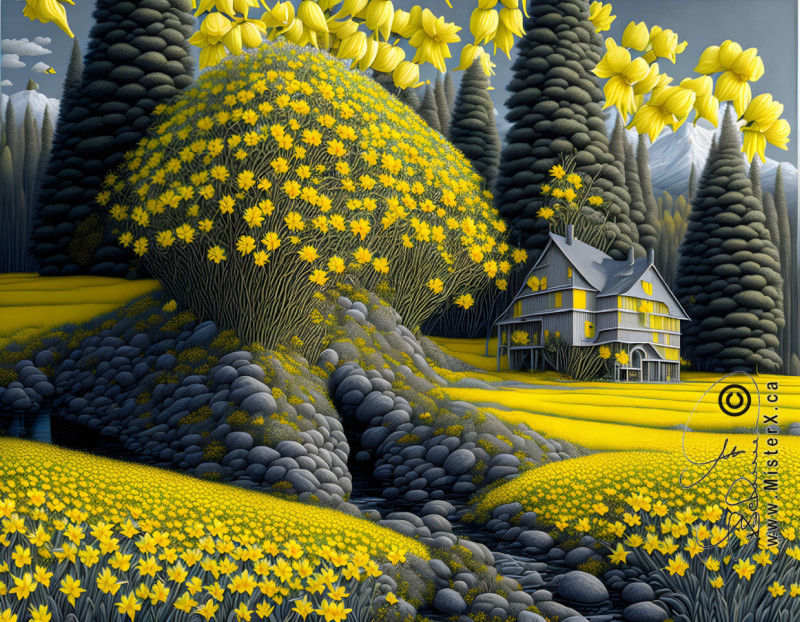 A hillside covered in daffodil flowers with a house and trees in the distance. Doffodile flowers floating in the sky like clouds.