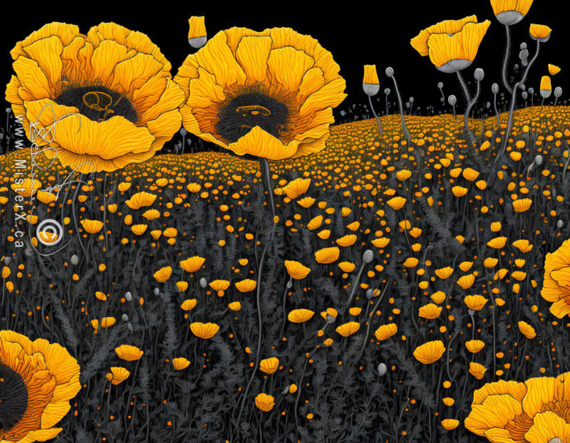 A black sky above a field filled with yellowy-orange poppy flowers with detailed gray stems.