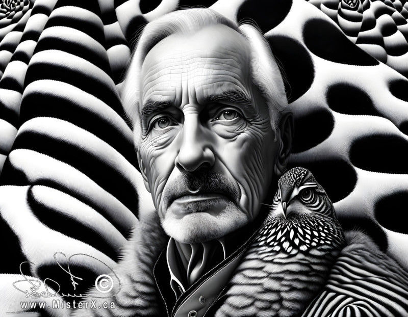Black and white image shows a handsome older gentleman with a bird of prey. Bust patterned black and white background.