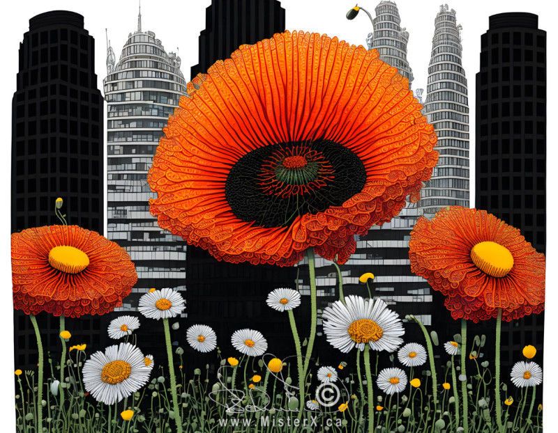 Black and gray skyscrapers are seen behind a field full of white daisies and dark orange poppies.