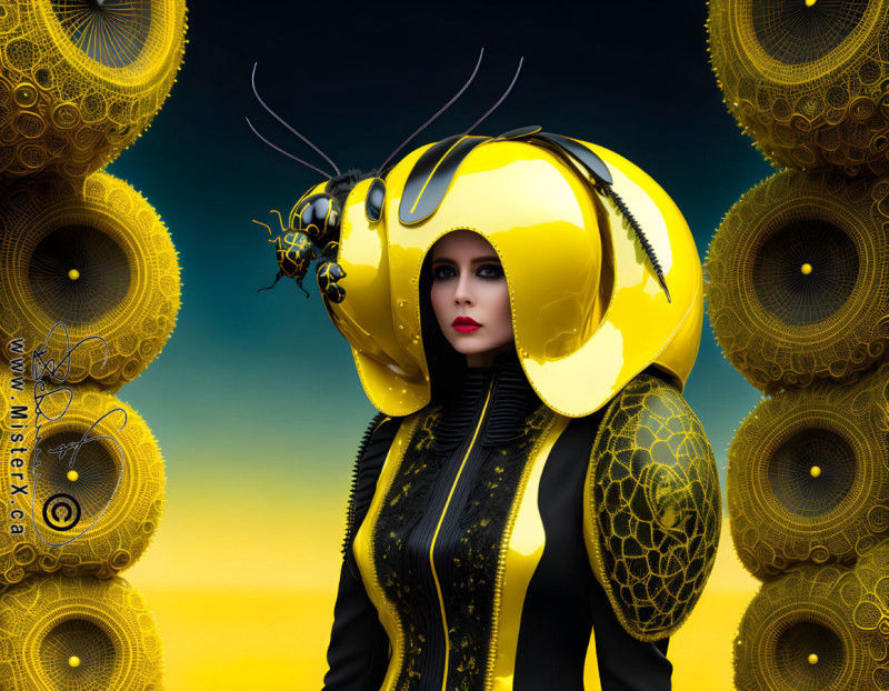 A woman wears a futuristic black and yellow outfit with a large yellow helmut. A huge insect can be partially seen hanging off of the helmut