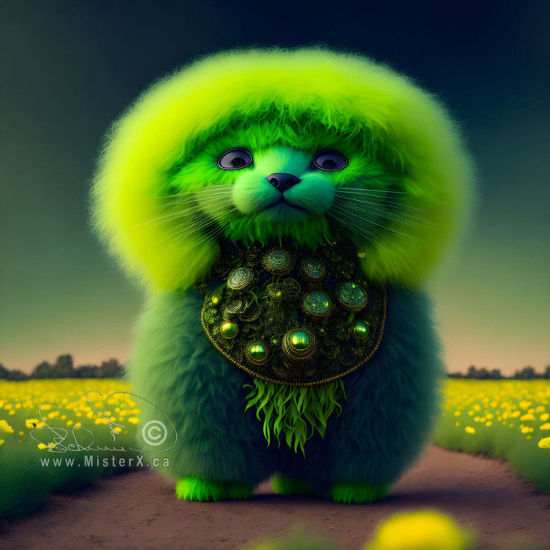 A furry lime green creature adorned with a bejeweled chest plate sits on a pathway in a field filled with dandelions.
