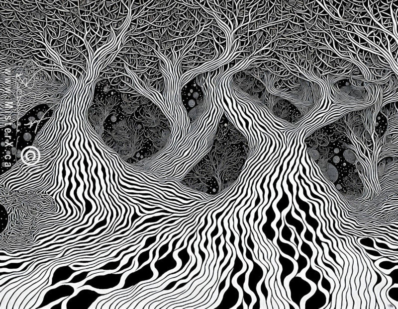 An intricate black and white drawing of detailed trees, their roots and trunks and branches.