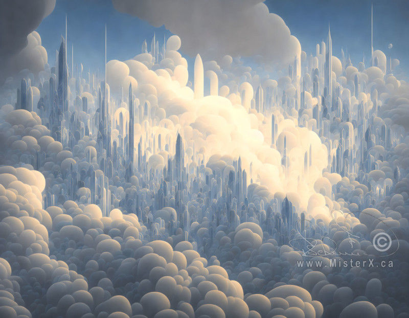 A metropolis of tall slim skyscrapers is seen sitting in the clouds.