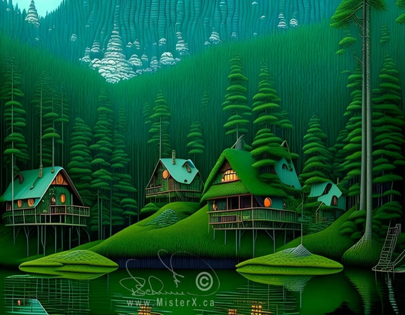 Lakeside log cabins are set in a luch green forested scene under mountains.