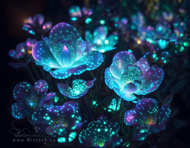 Speckled glowing flowers set against a black background