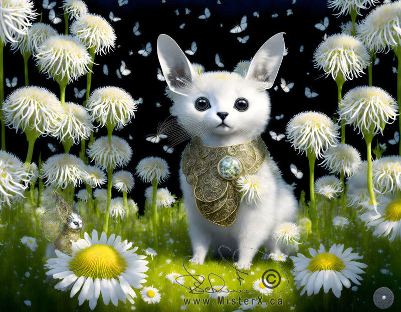 An adorned white dog sits in a green field surrounded by flowers. A dark sky is filled with flying butterflies. Dream-like.