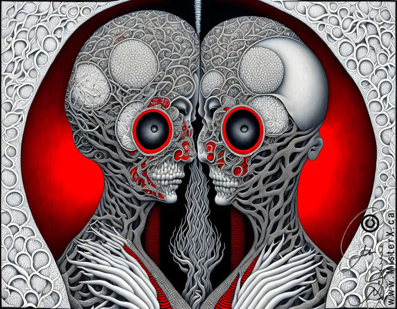 Black and white image with red highlights and background of two near identical surreal heads facing each other.