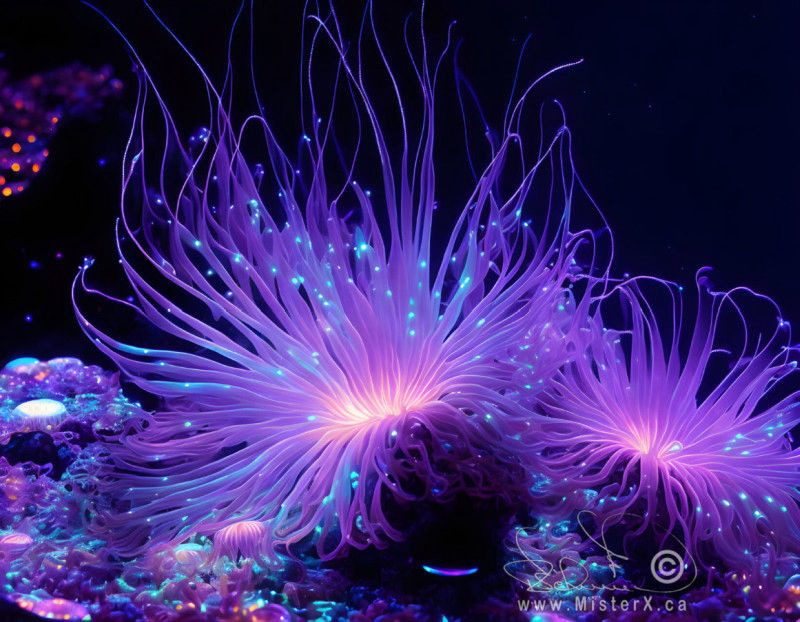 Glowing purple sea anemones with blue glowing highlights set against a dark background.