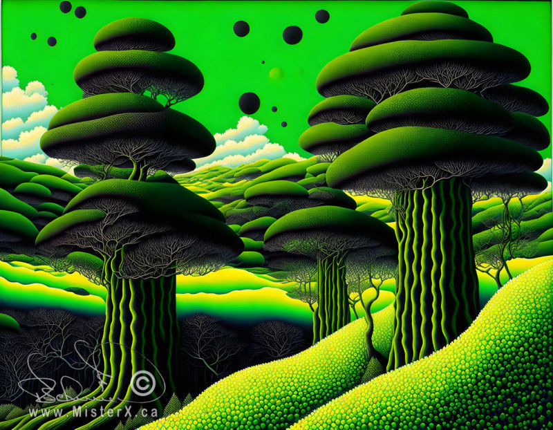 Large green trees with detailed striped trunks sit on detailed green hills under a green sky with clouds.
