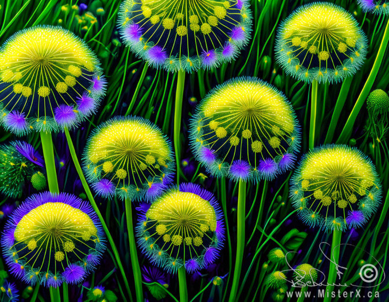 Bizarre hybrid flowers that are have yellow dendelion flower and hald purple chives flower. Set against a green background made of stems and leaves.