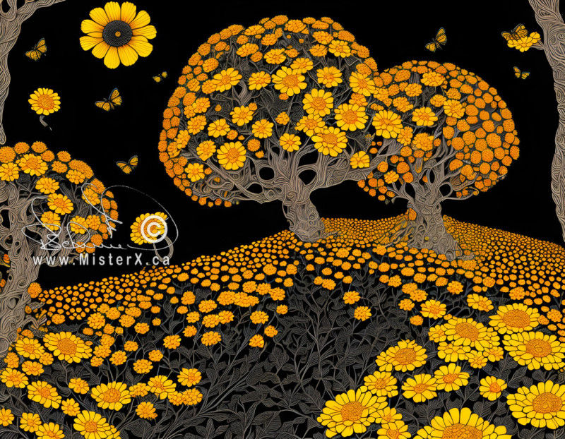 A dark image filled with bright yellow and orange flowers. A black sky, a flower filled hill with two trees covered in the same type of flowers.