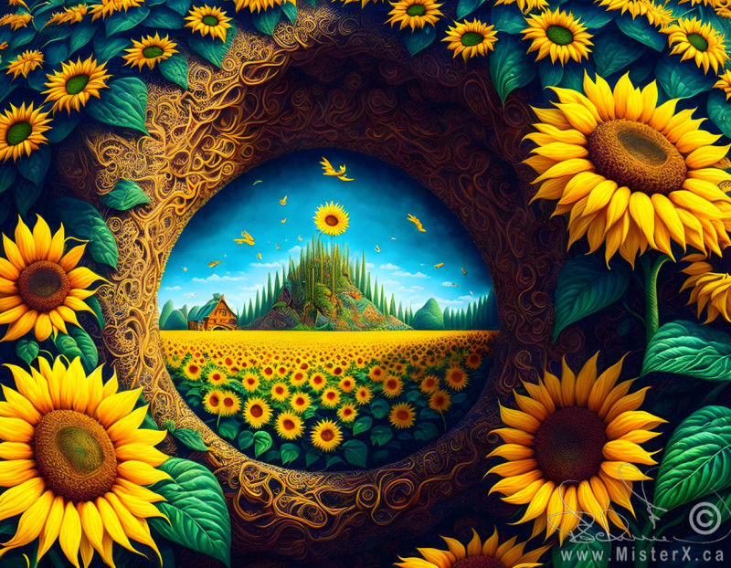 A portal that is surrounded by sunflowers looks at a field filled with sunflowers as far as the eye can see. On the horizon sits a building and a tree covered hill.