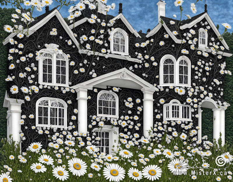 An impossibly angled black and white house is covered in with and yellow daisy flowers.