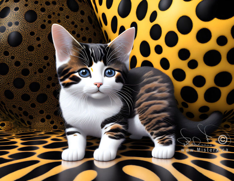 A calico colored kitten with blue eyes is in a strange surreal environment that is covered in blacks dots set against creme colored backgrounds.