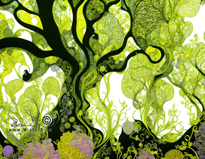 Abstract image of a black twisted tree and detailed green leaves set against a white backgound.