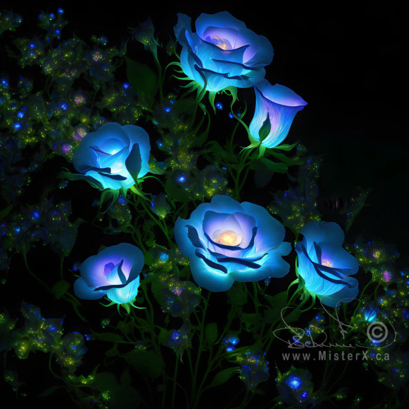 Glowing blue roses and sparkling green leaves set against a black background. Looks similar to a black velvet painting.