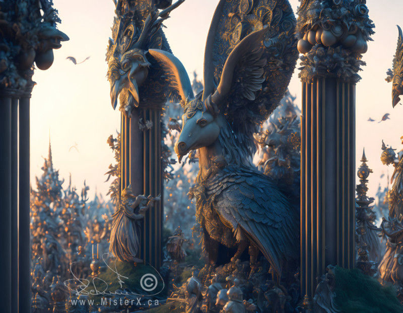 A bird like creature with wings on its head, or perhaps even a statue, sits amongst old roman style columns.