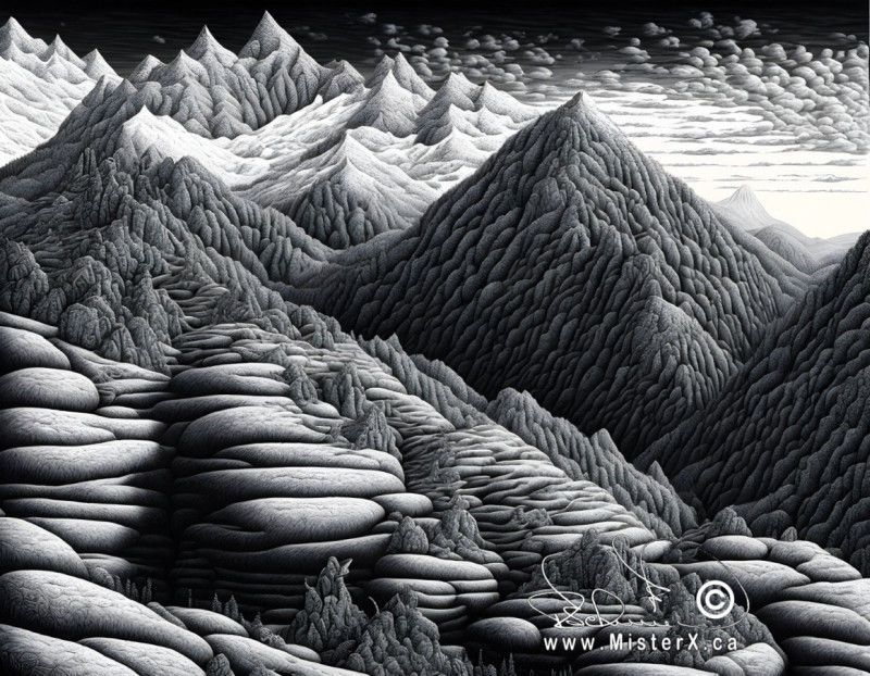 A bleak colourless landscape of mountains, rocks, and a few scattered trees.