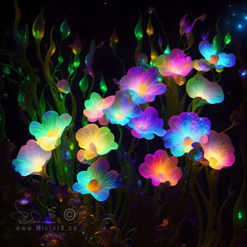 A group of flowers glow in different neon shades in a dark night time setting.