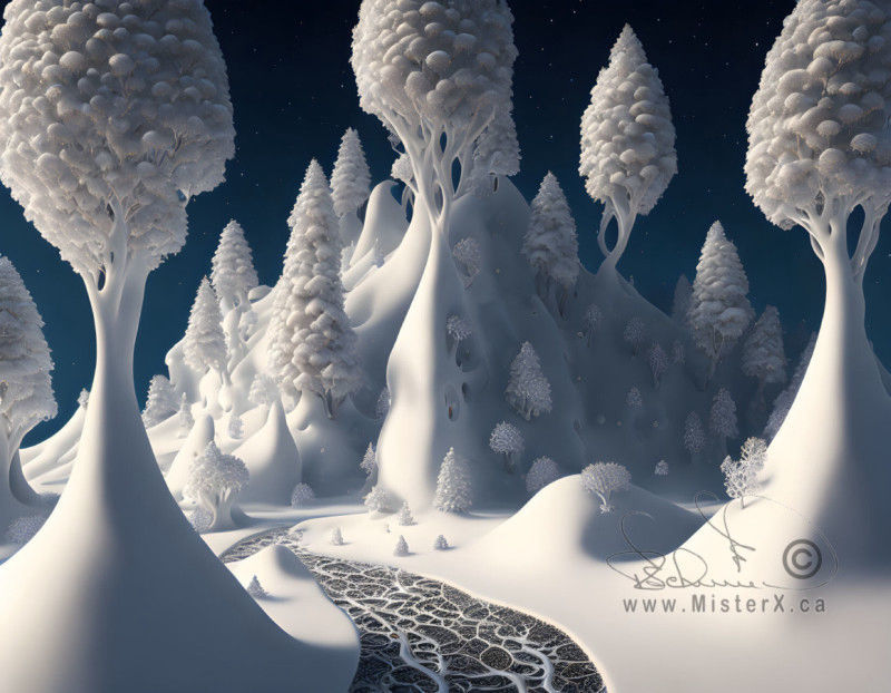 A winter scene filled with trees and snow that morph into one another. A sort of combination of the two.