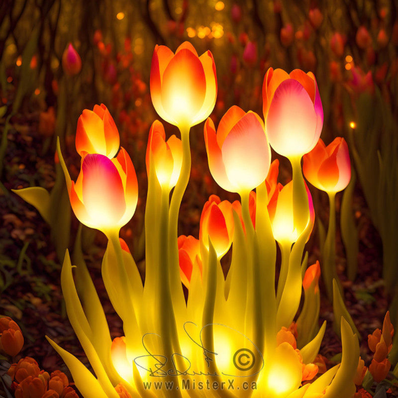 A group of tulips are glowing with a warm light coming from within.