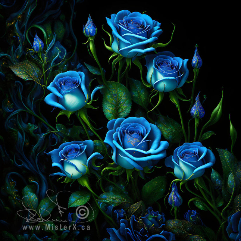 Blue roses and green leaves set against a black background. Looks similar to a black velvet painting.