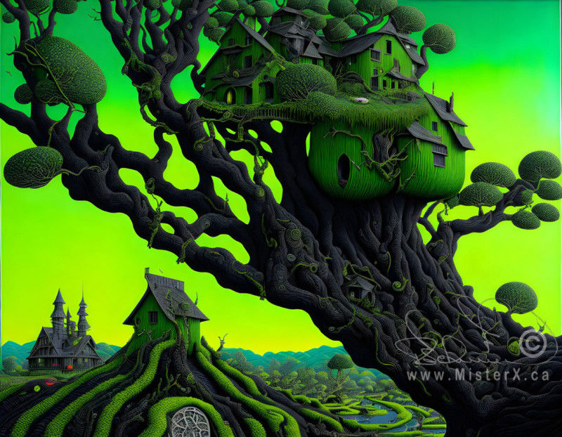 An image made from shades of black and green shows a house in a tree and other odd homes in the bizarre background landscape.