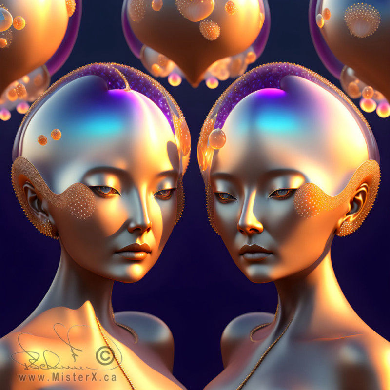 Two identical humanoid females with somewhat gelatinous heads.